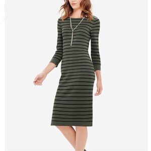 The Limited Olive Green and Black Striped Midi Dress 3/4 Long Sleeve medium